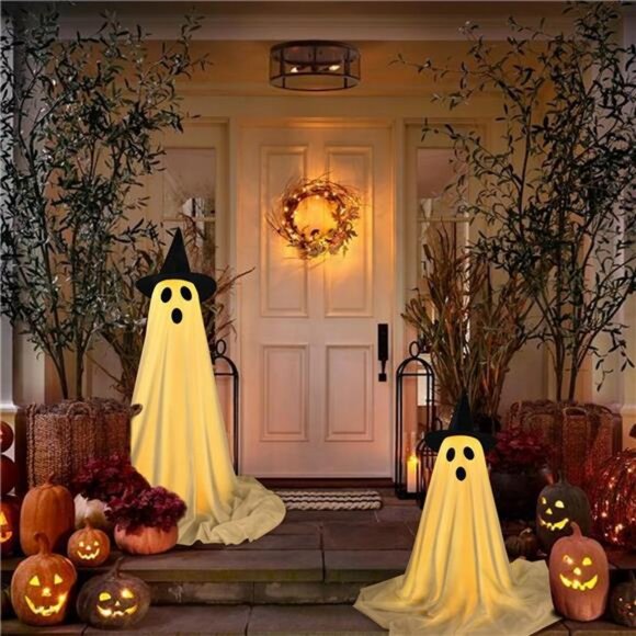 Halloween Decorations Outdoor Indoor, 2 Pack Spooky Ghost with Witch Hat, Scary - Picture 7 of 8